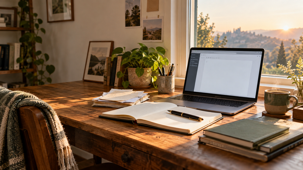 Escritorio iluminado por el amanecer con computadora, cuadernos y páginas recuperadas para retomar un blog personal